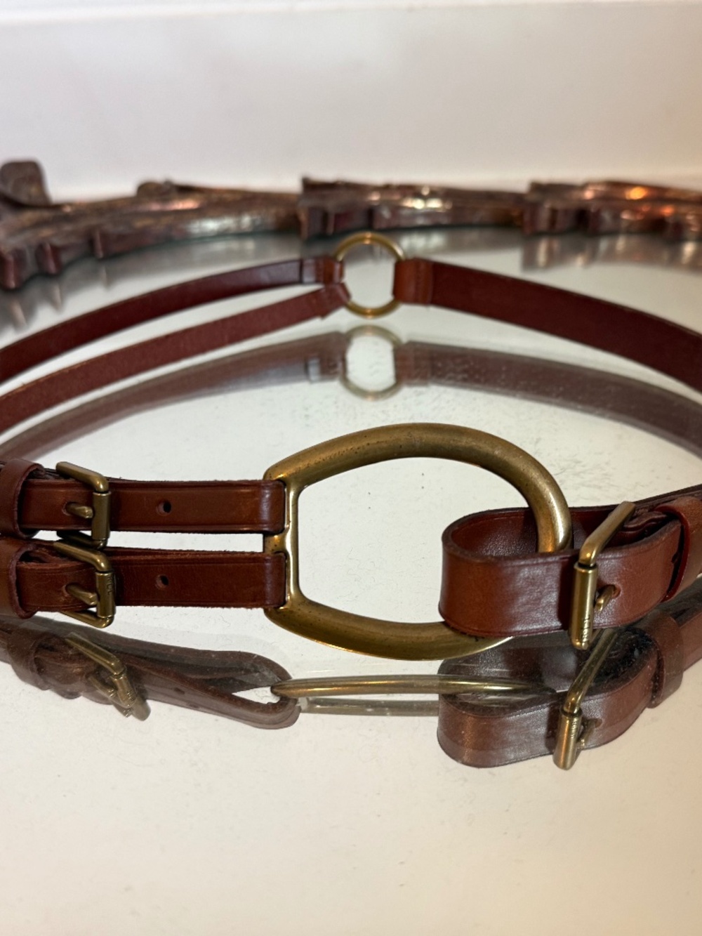 Vintage Lauren Ralph Lauren Equestrian Triple Strap Leather Belt Brass Hardware